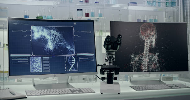 istock Futuristic Laboratory. Human Exoskeleton Project and DNA helix on screens 1295324788