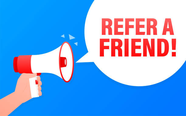 istock Megaphone with refer a friend. Poster in flat style. Vector illustration. 1295326192