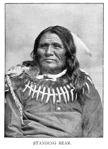 Halftone print of Standing Bear, Ponca chief, wearing a bear claw necklace.