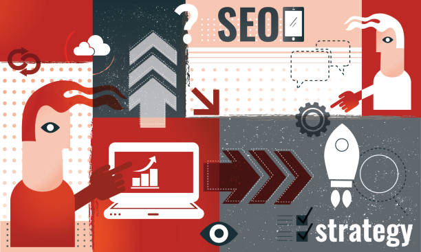 Abstract concept of SEO strategy. Red and grey design with icons. Flat modern characters. vector art illustration