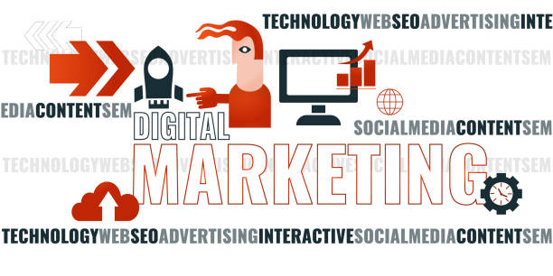 Digital marketing concept. Sign with icons and character. Web vector design. vector art illustration