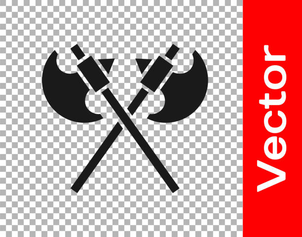 Black Crossed medieval axes icon isolated on transparent background. Battle axe, executioner axe. Medieval weapon. Vector Black Crossed medieval axes icon isolated on transparent background. Battle axe, executioner axe. Medieval weapon. Vector. executioner stock illustrations