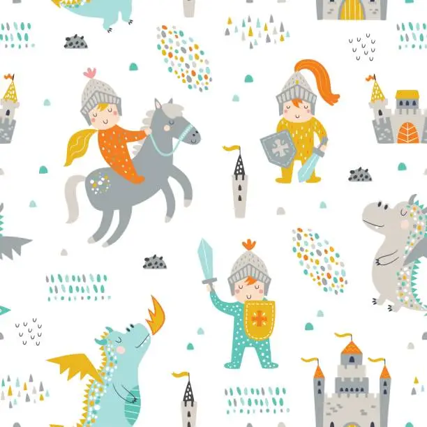 Vector illustration of Childish seamless pattern with knight, dragon and castle.