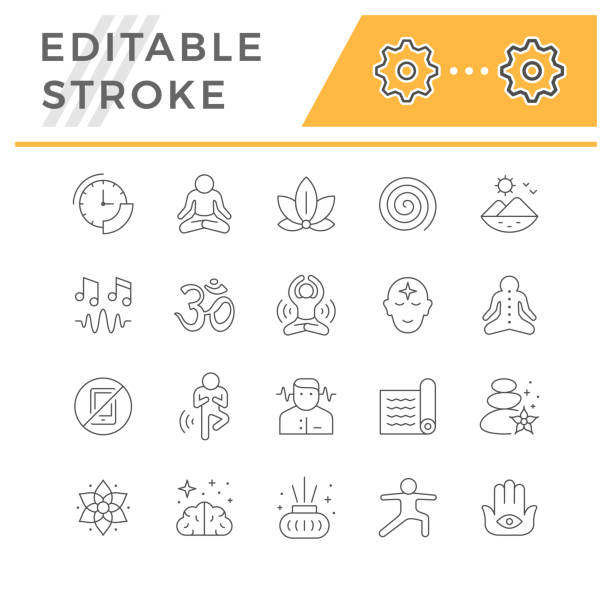 Set line icons of meditation and yoga Set line icons of meditation and yoga isolated on white. Lotus position, zen, mind concentration, outdoor, aroma sticks, spa, mat for exercise, wellness. Editable stroke. Vector illustration celestial body stock illustrations