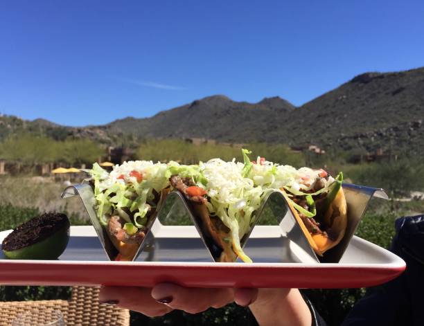Desert taco platter A woman’s hand holds a trio of buffalo tacos overlooking the foothills of the Sonoran Desert in Tucson, Arizona. tucson food stock pictures, royalty-free photos & images