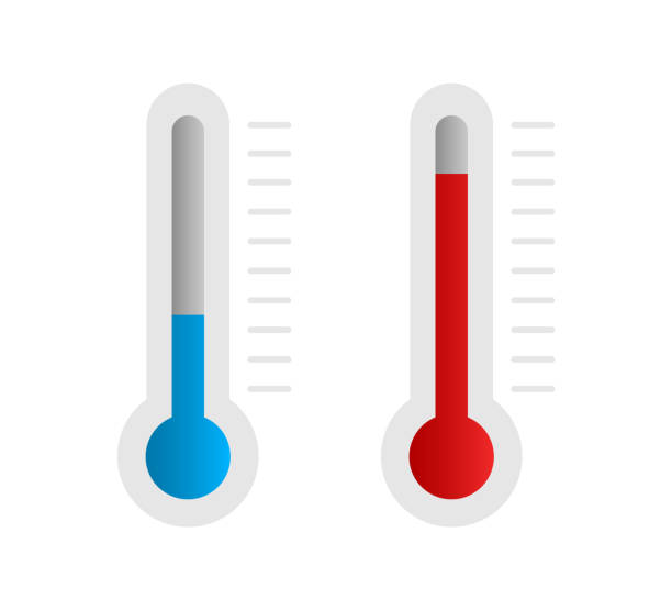 ilustraciones, imágenes clip art, dibujos animados e iconos de stock de termómetro temperatura caliente y fría. termómetros meteorológicos que miden el clima. termómetros celsius. iconos planos vectoriales. - barometer meteorology gauge forecasting