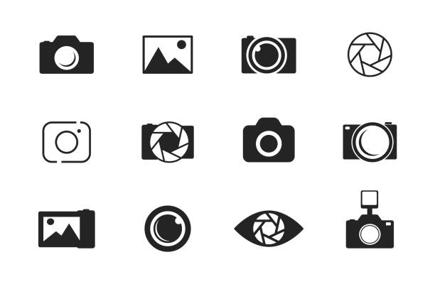 写真とカメラのアイコンセット。写真、画像、フォトギャラリー、フォトカメラのアイコン。ダイヤフラムアイコン。画像、フォトギャラリーベクトルイラスト。 - flash photo gallery点のイラスト素材／クリップアート素材／マンガ素材／アイコン素材