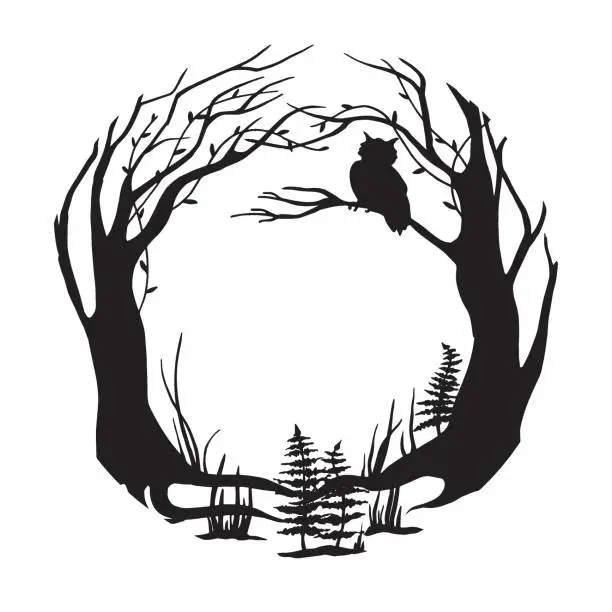 Vector illustration of vector black and white illustration. round frame magical, fairy forest. silhouette of forest, trees, grass and an owl on a branch. background for postcard, book, design for halloween