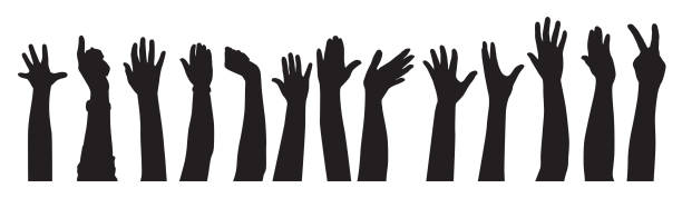 Raised Hands Sihouettes Vector silhouettes of a row of raised hands on a white background. human limb stock illustrations
