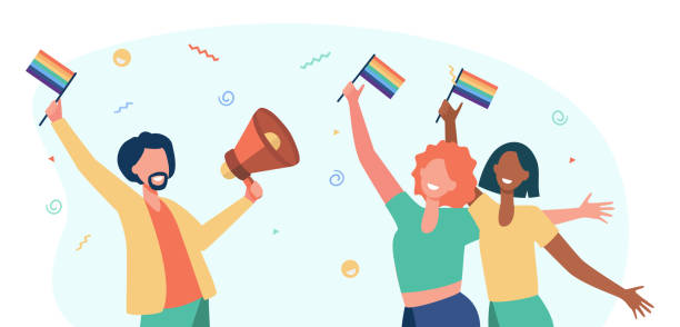 ilustraciones, imágenes clip art, dibujos animados e iconos de stock de gente gay celebrando el orgullo - light waving rainbow vector