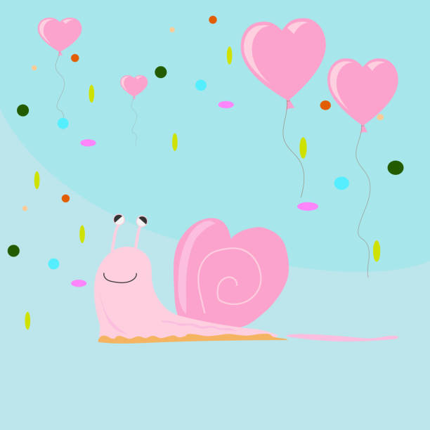 istock Pink sign hearts balloon with slowly walk snail. 1295351973