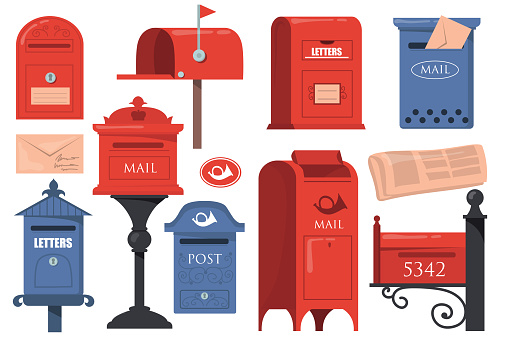 Traditional English letterboxes set. Red and blue vintage mailboxes, old postboxes with letters isolated on white background. Vector illustrations collection for London, mail, post concept