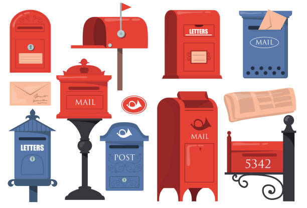 Traditional English letterboxes set Traditional English letterboxes set. Red and blue vintage mailboxes, old postboxes with letters isolated on white background. Vector illustrations collection for London, mail, post concept blue mailbox stock illustrations