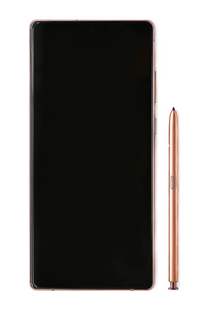 a black display of a mobile phone next to a lying stylus. samsung galaxy note 20 smartphone bronze. rear isolated. - control panel flash imagens e fotografias de stock
