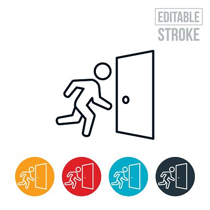 An icon of a person running toward an exit door. The icon includes editable strokes or outlines using the EPS vector file.