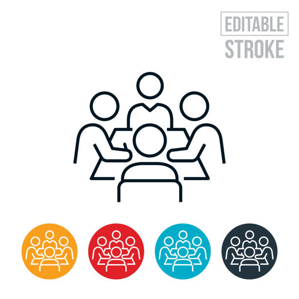 Business People Seated At Conference Table In Boardroom Thin Line Icon - Editable Stroke An icon of a group of business people seated at a conference table in a boardroom. The icon includes editable strokes or outlines using the EPS vector file. conference table stock illustrations