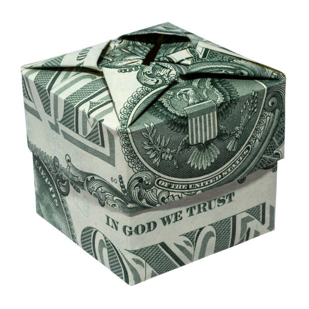 istock Money Origami Square BOX Folded with 2 Real One Dollar Bills Isolated on White Background 1295361988