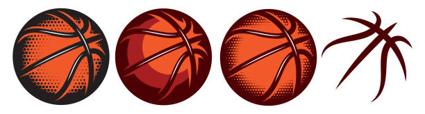 eine reihe von farb-basketballmitbällemitteilen mit verschiedenen designs. vorlagen für das logodesign. vektorisolierte illustration - basketball stock-grafiken, -clipart, -cartoons und -symbole