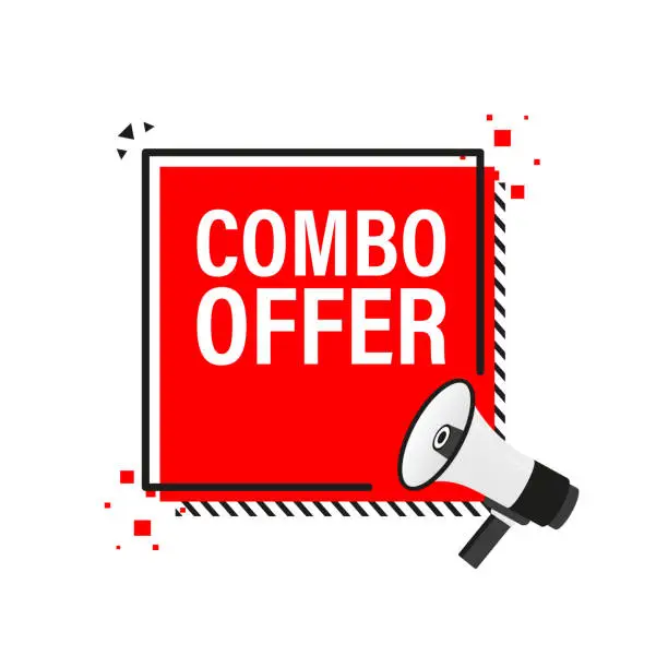 Vector illustration of Combo offers feedback megaphone red banner in 3D style on white background. Vector illustration.