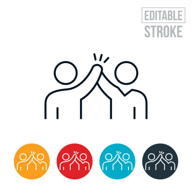 zwei geschäftsleute geben einander eine high five thin line icon - editierbarer strich - high five stock-grafiken, -clipart, -cartoons und -symbole