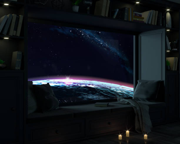 istock Room with wide window porthole at night and space 1295369499