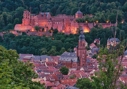 The beautiful view of the old town city center from the philosophenweg in Heidelberg, germany