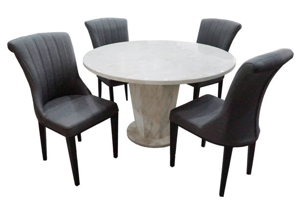 istock Dining Table and chairs isolated on white background. Luxury and modern dining table sets in different style and sizes. Stone table top, tempered glass, wooden table top and comfortable dining chairs. 1295377399