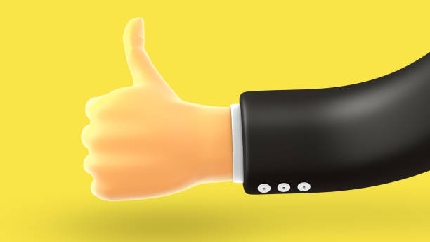Businessman hand thumb up, like gesture isolated on yellow background stock photo