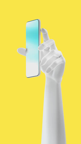 Hand holding phone, isolated on yellow background. 3d rendering stock photo