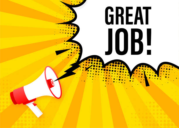 illustrazioni stock, clip art, cartoni animati e icone di tendenza di ottimo lavoro megafono banner giallo in stile 3d. illustrazione vettoriale. - gridare