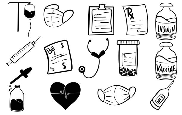 Medical Icon Set, hand drawn cartoon set of hand drawn medical icons in black on white background cartoon of medical records stock illustrations