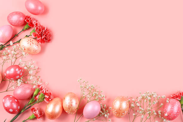 istock Happy Easter concept, spring greeting card, background. Decorated pink Easter eggs on a gentle background. Minimal holiday concept, place for text, banner 1295382755