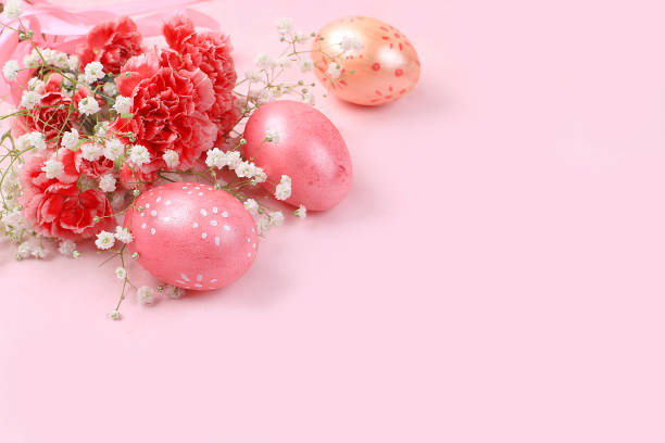 istock Happy Easter concept, spring greeting card, background. Decorated pink Easter eggs on a gentle background. Minimal holiday concept, place for text, banner 1295382758