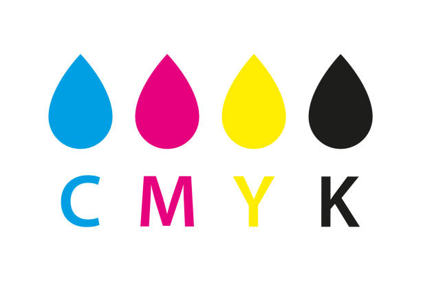 ilustraciones, imágenes clip art, dibujos animados e iconos de stock de icono de impresión cmyk. cuatro gotas en símbolos de colores cmyk. cian, magenta, amarillo, llave, gotas negras aisladas sobre fondo blanco - spotted cmyk ink printer