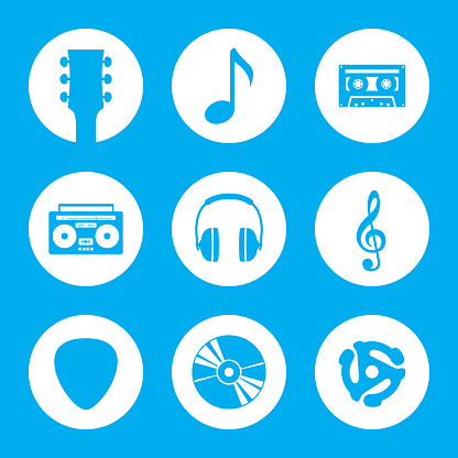 Vector illustration of a set of blue music icons in flat style.