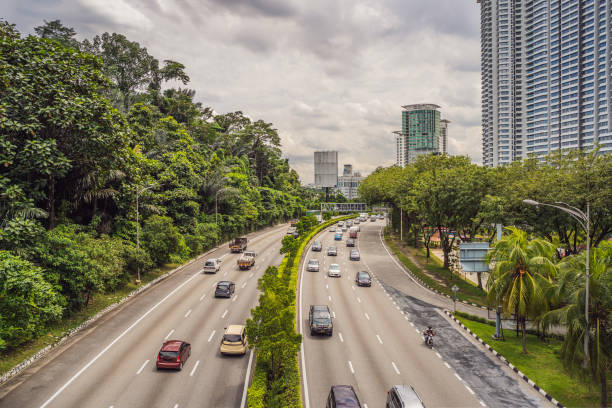 istock Highway with cars surrounded by greenery and skyscrapers 1295387199