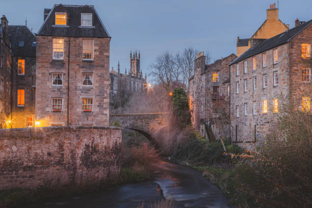 A spring evening at the historic 19th century Dean Village and Water of Leith in Edinburgh, Scotland