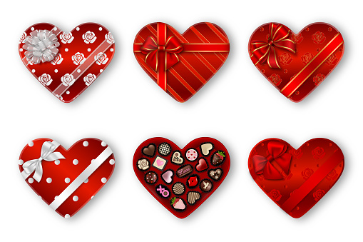 set of red heart shaped chocolate boxes. valentine's day gift boxes with chocolates vector