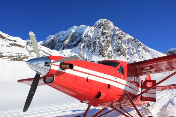 Crescent Moon at Ruth Glacier A crescent moon rises in a crystal clear, blue sky as an airplane sits at Ruth Glacier near Denali in the Alaska Range. snowfield stock pictures, royalty-free photos & images