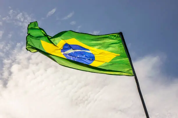 Brazil flag outdoors in Rio de Janeiro.