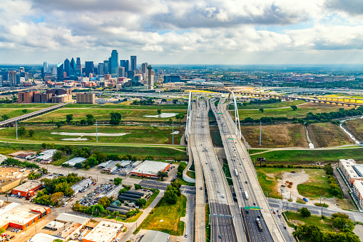 The beautiful downtown skyline of Dallas, Texas shot from an altitude of about 1200 feet just to the west of downtown.