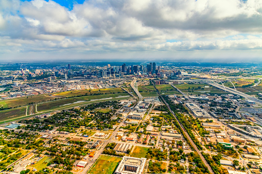 Wide angle view of the metropolitan Dallas, Texas area shot from an altitude of about 1200 feet.