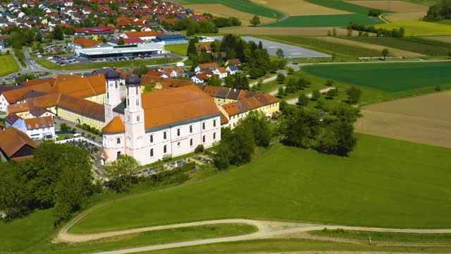 Aerial view of the village and monastery Oberalteich in Germany