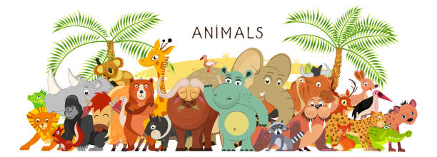 duża grupa zwierząt w kreskówce płaski styl stoją razem. fauna świata. ilustracji - animal doodle bear kangaroo stock illustrations