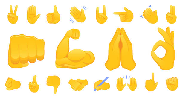 Hand gesture emojis icons collection. Handshake, biceps, applause, thumb, peace, rock on, ok, folder hands gesturing. Set of different emoticon hands isolated illustration. Hand gesture emojis icons collection. Handshake, biceps, applause, thumb, peace, rock on, ok, folder hands gesturing. Set of different emoticon hands isolated illustration. talk to the hand emoticon stock illustrations
