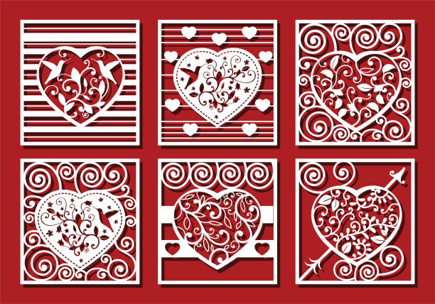 istock Hearts on red background for laser cutting. Set of white ornamental hearts 1295416832