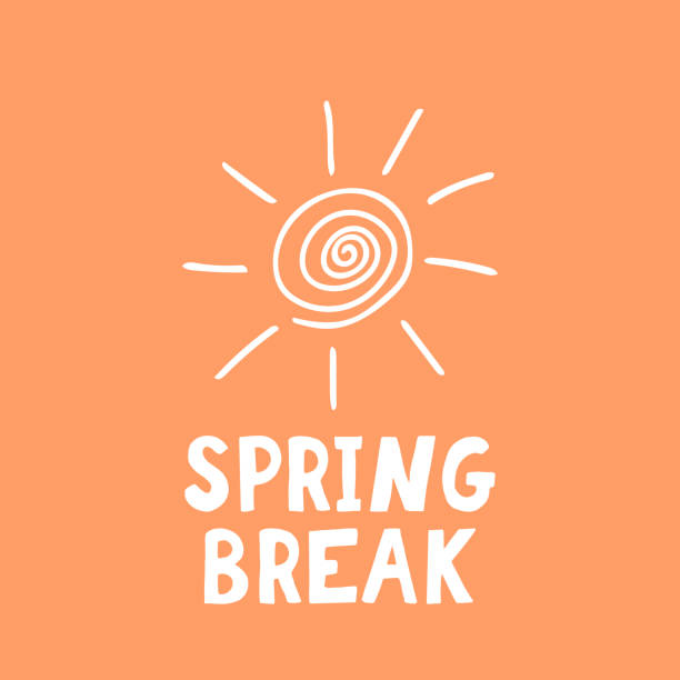 ilustrações de stock, clip art, desenhos animados e ícones de spring break lettering, sun. poster, banner, card, flyer. sketch hand drawn doodle style. vector minimalism. vacation, party, beach. orange white. - spring break