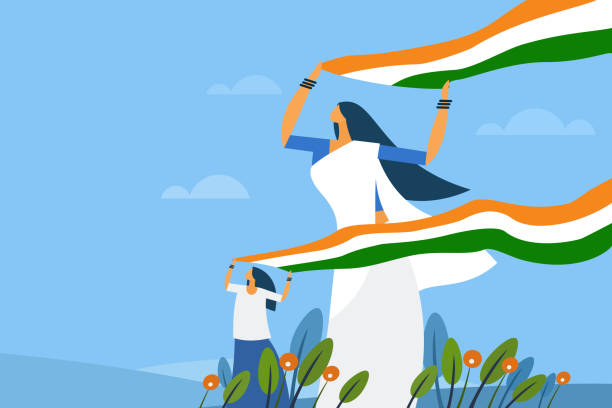 A mother and daughter holding the Indian tricolour flag flying in the wind A mother and daughter holding the Indian tricolour flag flying in the wind independence illustrations stock illustrations