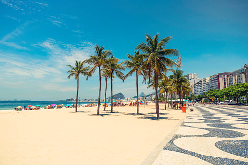 Palmas en la playa de Copacabana junto a mosaico emblemático en Río de Janeiro photo