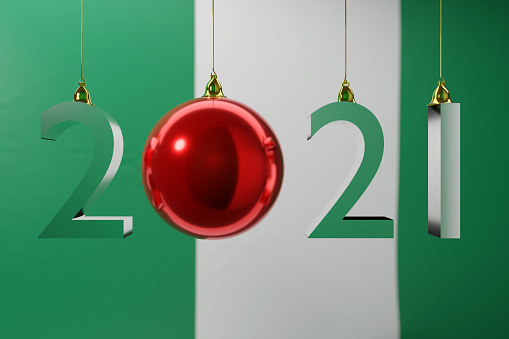3D illustration  2021 happy new year against the background of the national  flag of Nigeria, 2021 white letter . Illustration of the symbol of the new year.